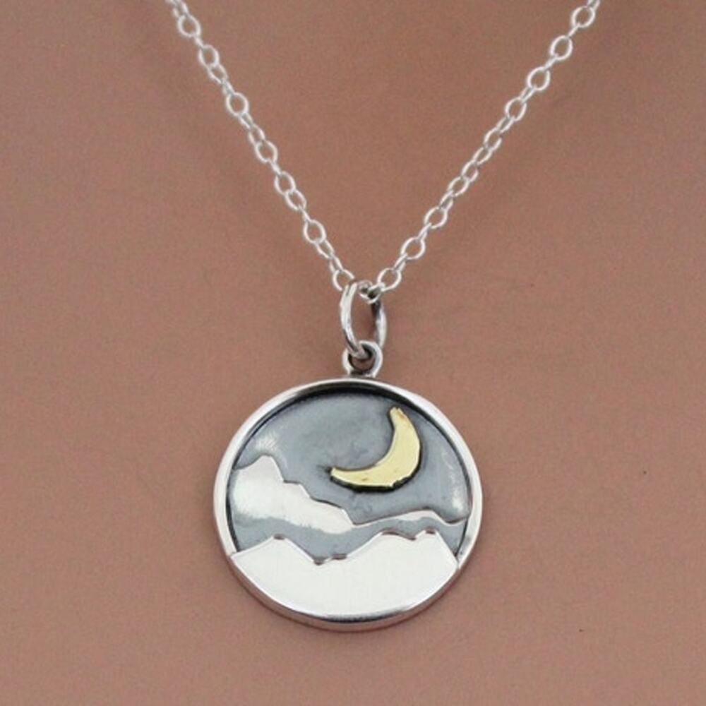 Sterling Silver Mountain Charm with Bronze Crescent Moon Necklace